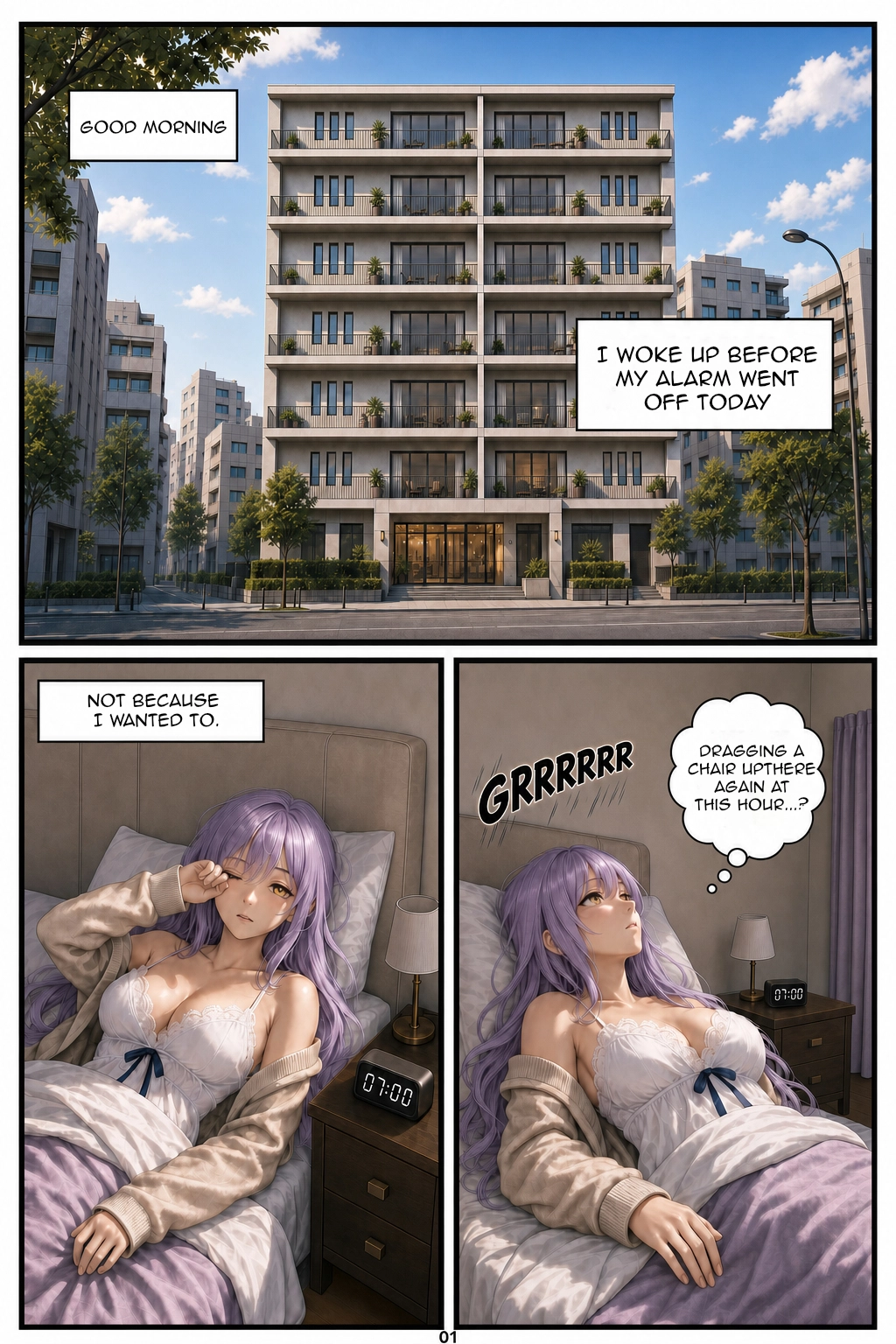 Three-panel page. The top shows the apartment building on a clear morning; below, Henrietta wakes in her bedroom at 7:00 a.m., rubs one eye, and then looks toward the ceiling from bed when she hears “SCRRRAAAPE.” She thinks, “Dragging a chair up there again at this hour...?”