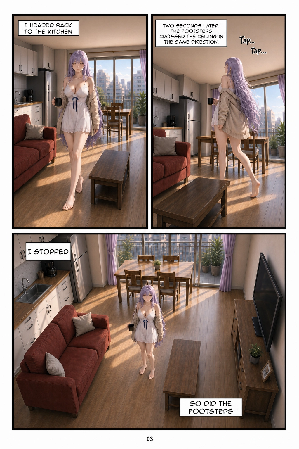 Henrietta walks through the living room with her coffee; a second view from behind shows the footsteps above moving in the same direction. In the bottom panel, a wide overhead view shows her stopped between the red sofa, coffee table, and television. The captions conclude, “I stopped. So did the footsteps.”
