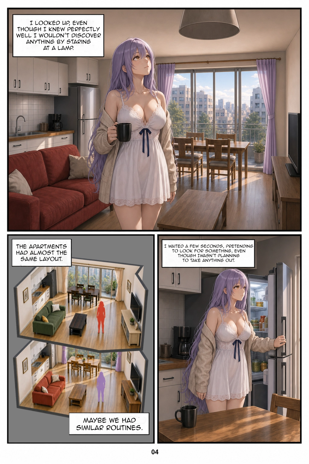 In the large panel, Henrietta looks at the ceiling lamp while holding her mug. Below, an imagined cutaway shows two apartments with nearly identical layouts but differently colored furniture and two female silhouettes; in the final panel, Henrietta opens the refrigerator and waits without intending to take anything out.