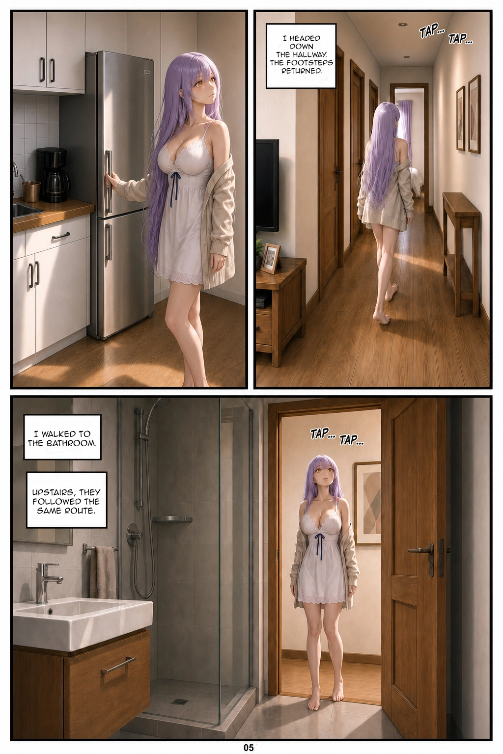 Henrietta closes the refrigerator while looking upward, leaves the kitchen, and walks down the hallway in time with the footsteps above. The bottom panel shows the bathroom in the foreground and Henrietta near the doorway in the background; the narration says that upstairs they followed the same route.