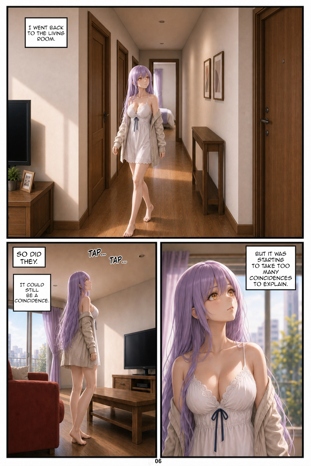 Henrietta returns from the hallway to the living room. She hears “Tap... tap...” again and remains attentive near the sofa and television. A final close-up shows her curious, concerned expression as she recognizes that the event now requires too many coincidences to explain.