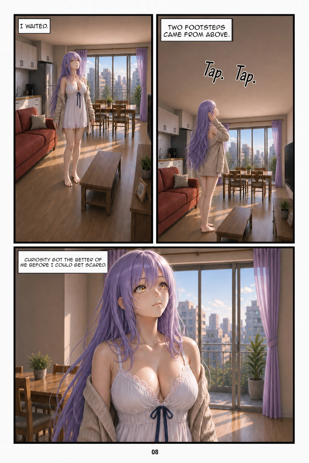 Henrietta waits while standing and looking toward the ceiling. Her two steps receive an identical “Tap. Tap.” from above as she cautiously touches the side of her neck. In the final close-up, her expression changes from alarm to intense curiosity.