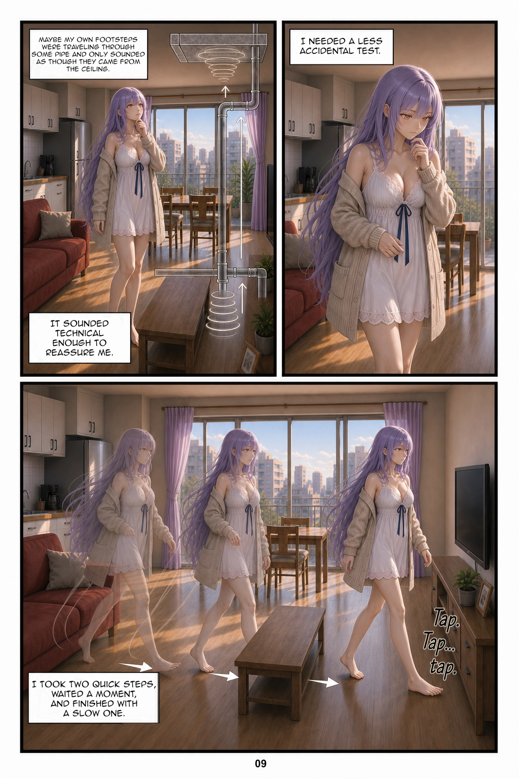 Henrietta wonders whether her footsteps could be traveling through the pipes; a white diagram of ducts and sound waves is superimposed over the living room. She decides to seek proof, and the bottom panel uses three successive translucent poses to show two quick steps and one slow step: “Tap. Tap... tap.”