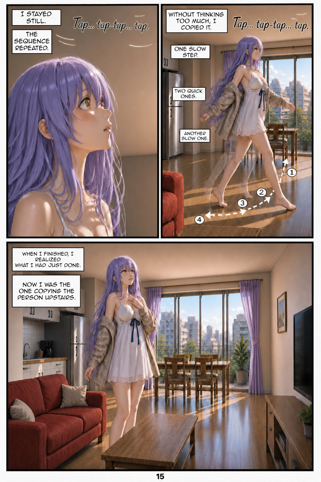 A close-up of Henrietta looking at the ceiling accompanies the repeated new rhythm. Several overlapping positions then show her imitating it with one slow step, two quick ones, and another slow step. The bottom panel shows her surprised in the living room as she realizes that she is now copying the person upstairs.